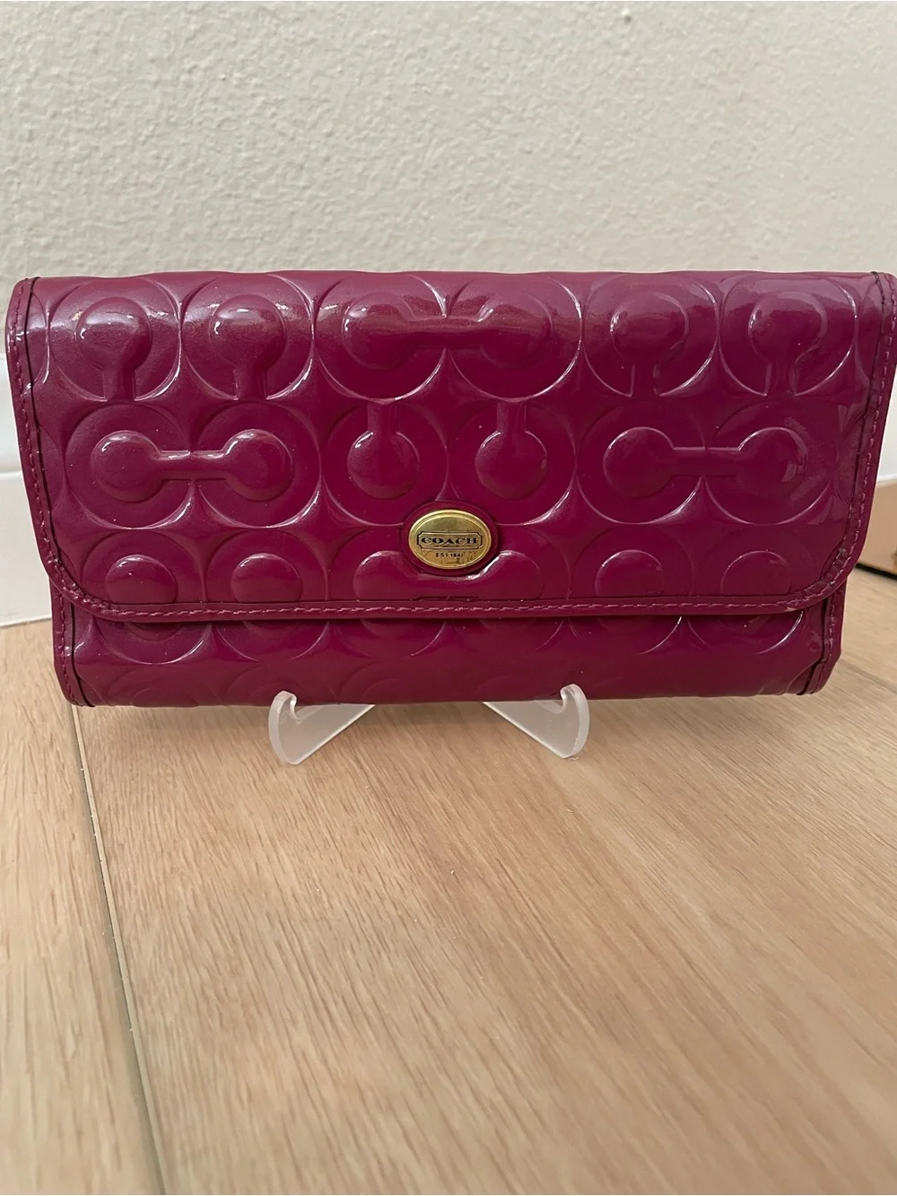 Coach Pink Ruby Signature C Embossed Patent Leather Slim Envelope Wallet